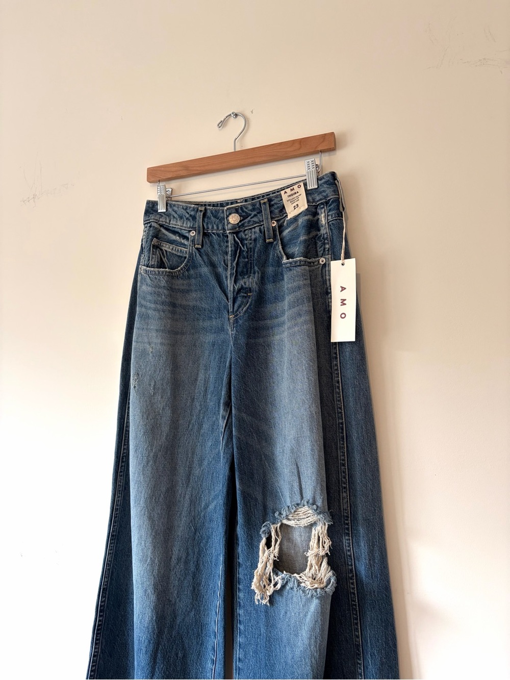 AMO Distressed Wide-Leg Mid-Blue Jeans - Picture 8 of 14